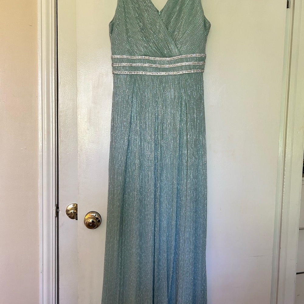 Gorgeous seafoam and light, silver delicate metallic full length gown
